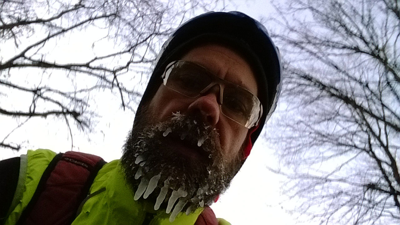 About 3 hours into my attempt to ride from Nashville home to Birmingham, I took this picture while riding of my frozen beard. I was actually quite warm except for my feet.