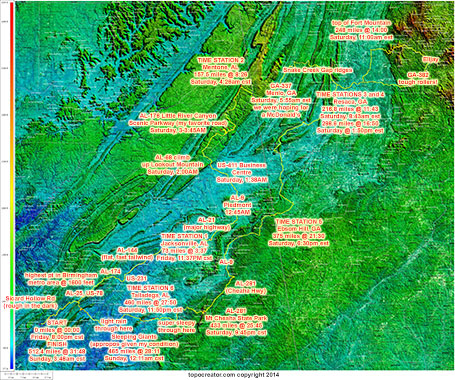 Annotated topocreator map of the 500 mile race, includes approximate timing station times (click to enlarge, 12 MB map, click a second time to zoom in on your browser)