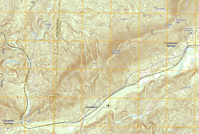 USGS map (2014) showing the second section of the skyway up Talladega Mountain from the RR crossing in the bottom left to the Gunterstown Rd crossing at Clairmont Gap in the upper right of the map. Click to enlarge and find cemeteries on the map.
