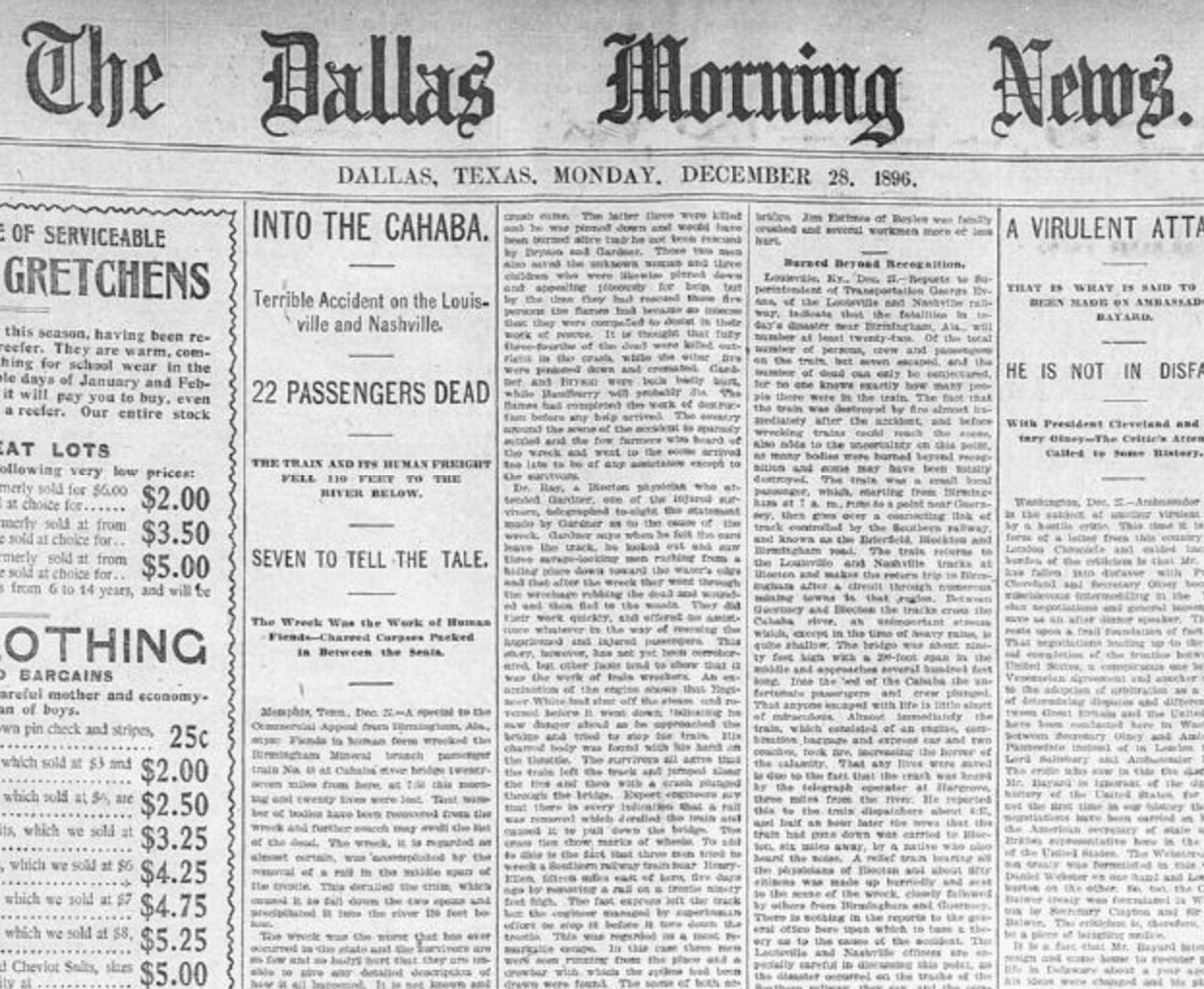 Dec 28, 1896 Dallas Morning News frontpage coverage of the fatal Cahaba train wreck.