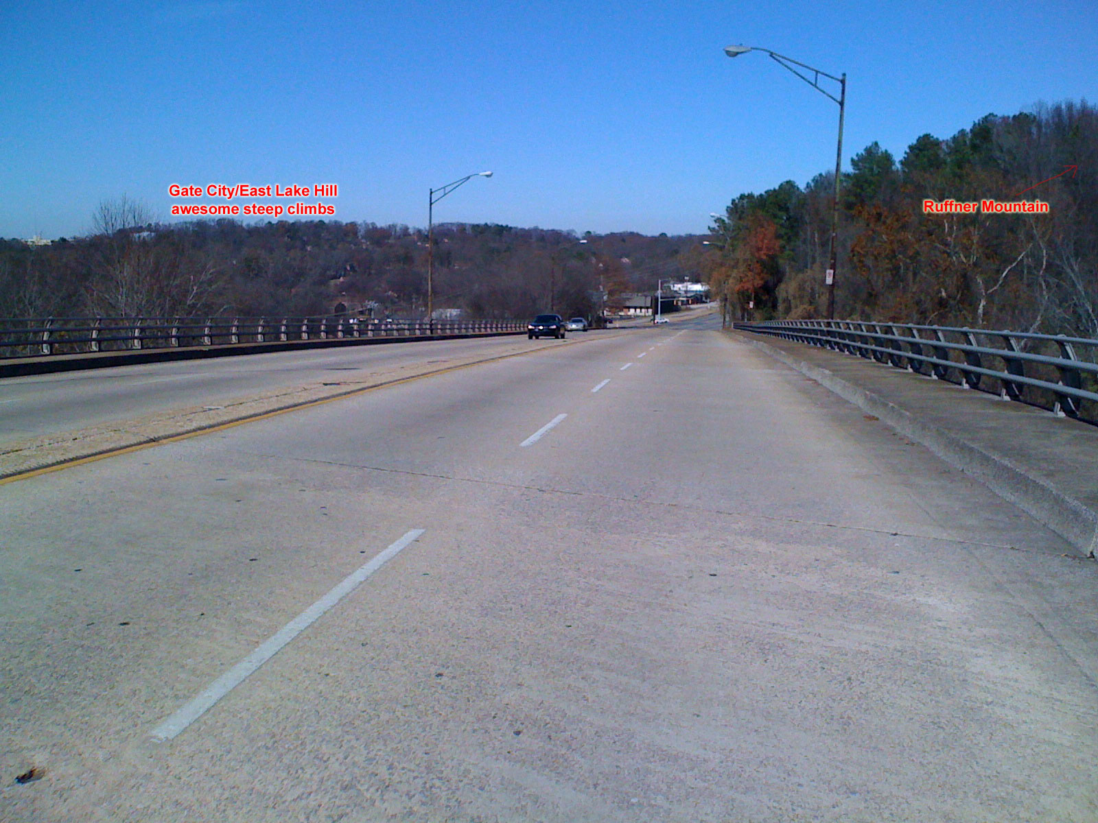 The view of the Gate City / East Lake hill which Oporto-Madrid Blvd skirts around on its way to Ruffner Mountain. The route I created took me straight up and over the hill on a nice 26% one lane road