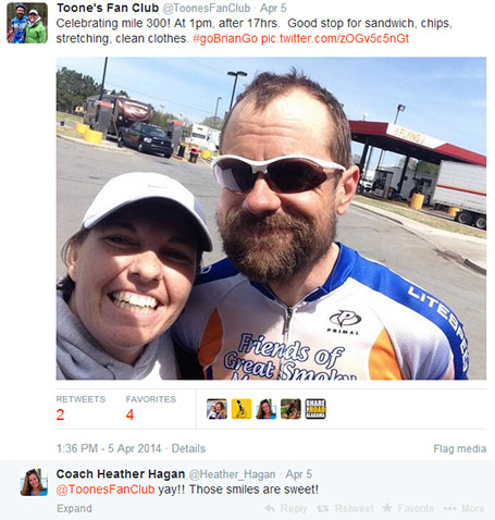 Kristine's post on twitter celebrating mile 300 two hours ahead of a record-breaking pace. At this point I only needed to ride the last 200 miles in 13 hours to break the record.